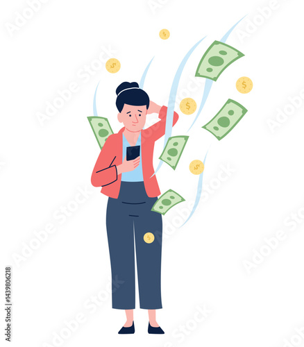 Woman with smartphone in flow of flying money out. Financial instability and illiteracy, shopaholism, paying bills or taxes, vector character