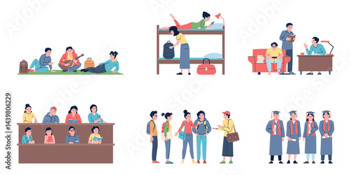 Life in college. Students lifestyle, studying with friends and leisure. Exam preparation, communication, sillint in lecture class, graduation, recent vector scene