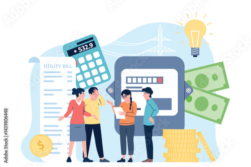 Electricity bills. People look on electricity bill invoice. Male female characters surprised and worried, big use energy. Household power supplies, recent vector scene
