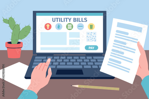 Online paying utilities. Male holding bill invoice and use laptop for pay for household. Gas, electricity, water and apartment service, recent vector flat scene