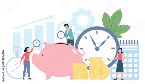 Time saving concept. Save time and save money metaphor. Business people with alarm clock, deadline, working process. Planning and management, recent vector scene