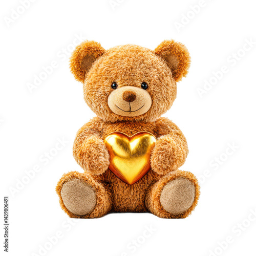 Teddy bear holding golden heart on transparent background