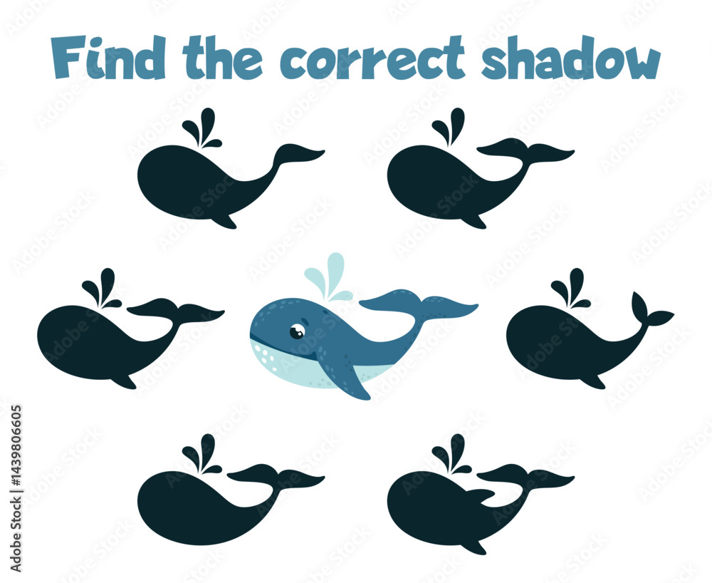 Fototapeta premium Find correct whale shadow. Educational game for children, kindergarten preschool or home activity. Cartoon whale and whales silhouettes with water drops, classy vector template