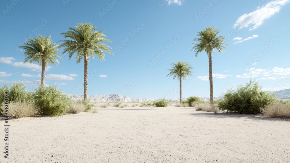 Desert Oasis: Palm Trees Under Clear Blue Sky desert oasis palm trees blue sky arid landscape sand Desert Oasis: Palm Trees Under Clear Blue Sky desert oasis palm trees blue sky arid landscape sand