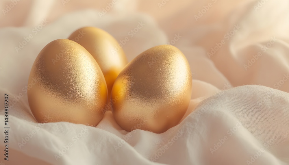 Three golden eggs are displayed on a soft textured cloth