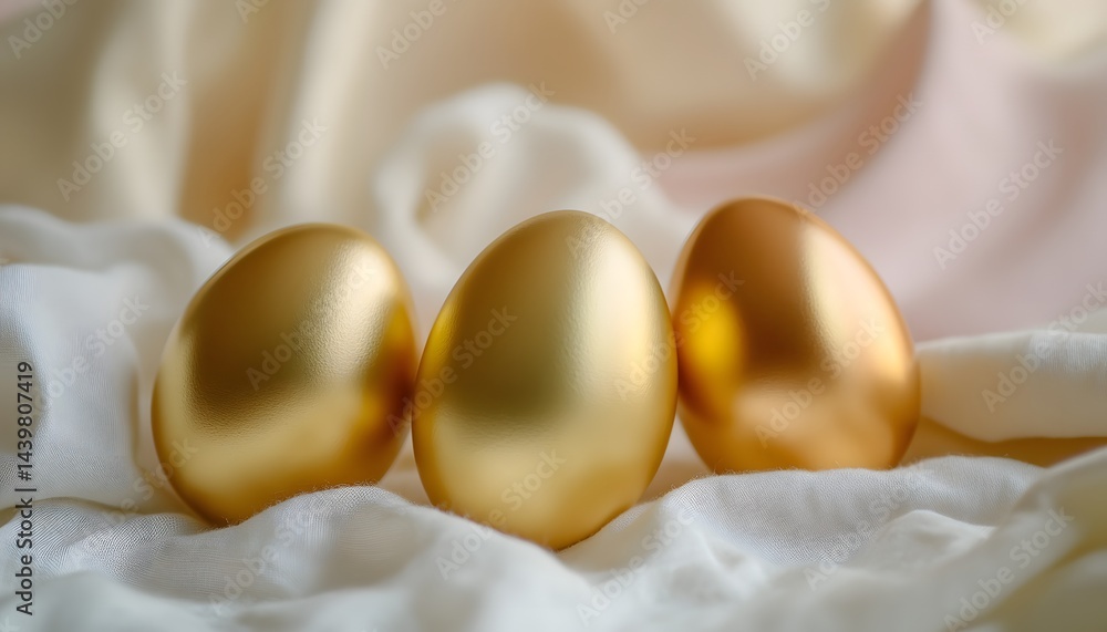 Three golden eggs are arranged on a soft flowing fabric
