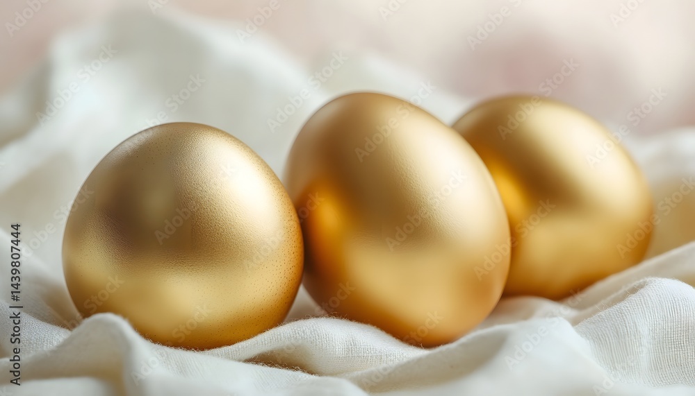 Three decorative golden eggs resting on white fabric folds