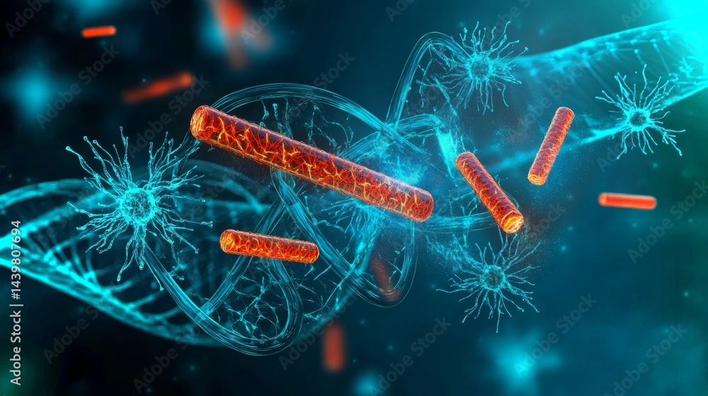 Floating genetic mutation model showcases advanced tech in a futuristic lab