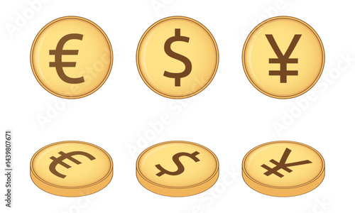 Golden coins depicting key global currencies: Euro, Dollar, and Yuan. Set of coins depicted in flat and isometric perspective