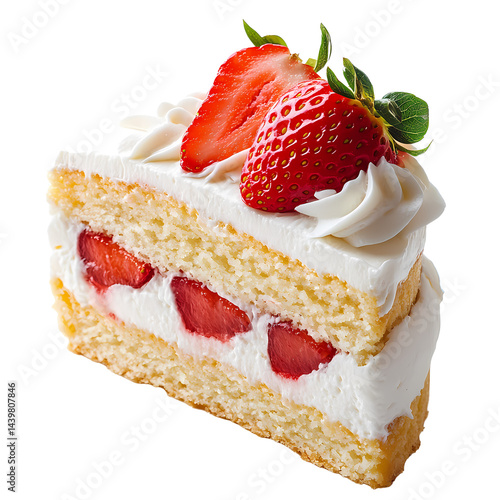 Delicious slice of vanilla cake with fresh strawberries and whipped cream, perfect for any celebration.