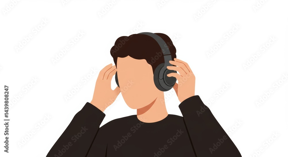 Minimalist graphic of a person putting on headphones on white background art Minimalist graphic of a person putting on headphones on white background art