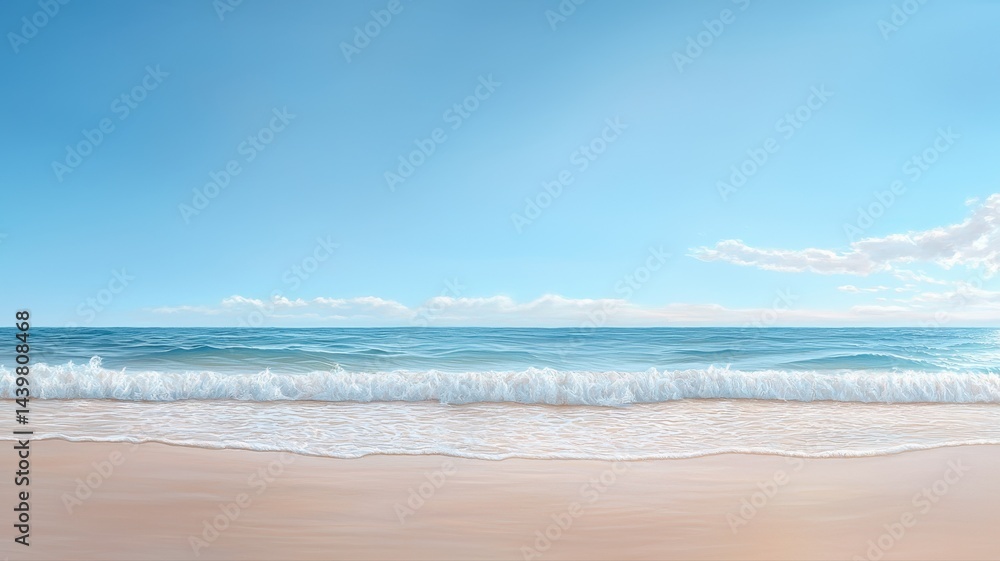 Fototapeta premium Peaceful Ocean Scene: Blue Sky, Waves, and Sandy Beach beach sea ocean water sky blue wave sand airy