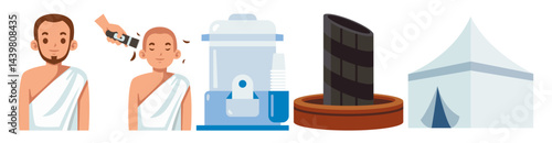 Illustrations show Hajj pilgrimage elements, including preparation, rituals, objects, and shelter highlighting the religious journey.