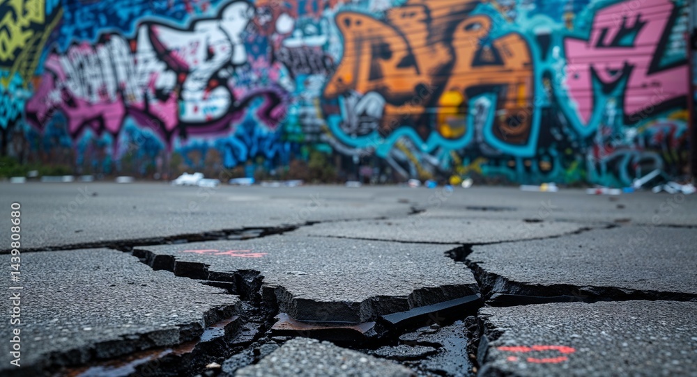 Fototapeta premium Pavement crack with graffiti covered wall background