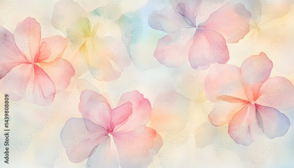Watercolor painting displays several colorful translucent floral blossoms patterns