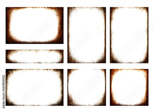 Grunge Rust Frame Overlay Set on Transparent Background. Collection of Aged and Burnt Border Effects Isolated as PNG
