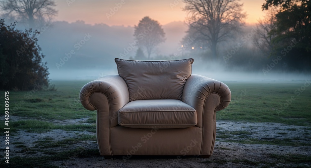 Fototapeta premium Soft armchair with evening mist outside background