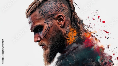 Watercolor portrait of a stoic Viking with intricate battle tattoos on an absolutely white background.