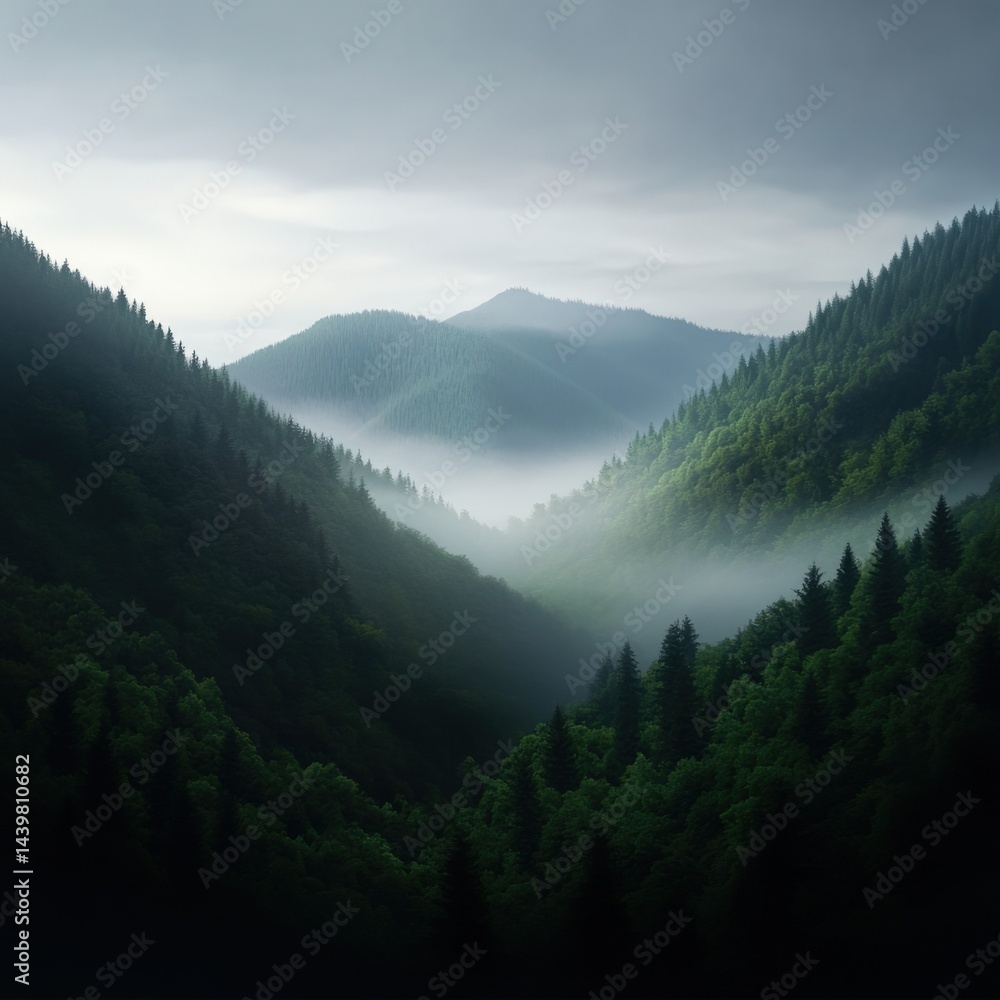 Fototapeta premium Foggy mountain forest valley