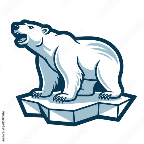 Polar bear (Ursus maritimus) on a small ice floe. The bear is depicted in a dynamic pose with its head raised and mouth open.