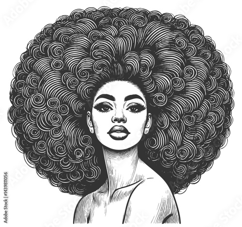 woman with a voluminous afro hairstyle and hoop earrings, exuding strength, beauty, and vintage artistic elegance sketch engraving generative ai vector illustration. Scratch board. Black and white.