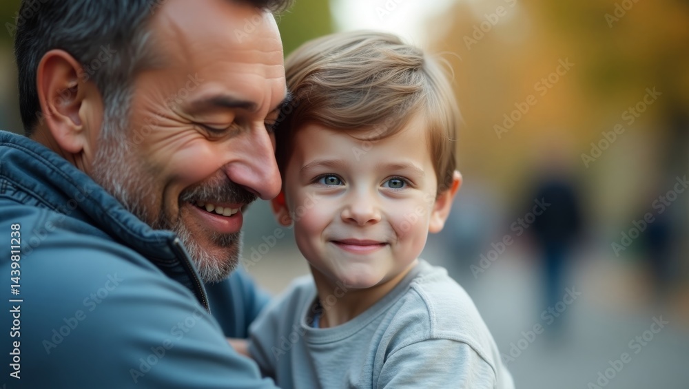 An adorable father and son moment in the park, radiating warmth and happiness An adorable father and son moment in the park, radiating warmth and happiness