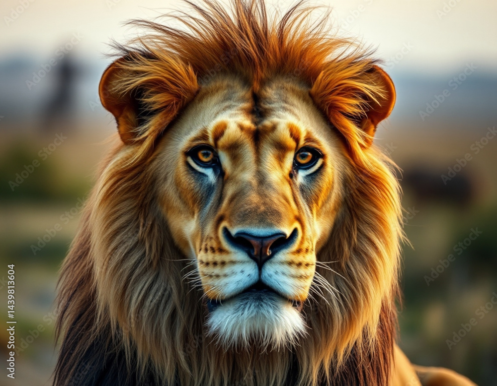 Fototapeta premium A regal male lion staring into the distance under warm sunset light.