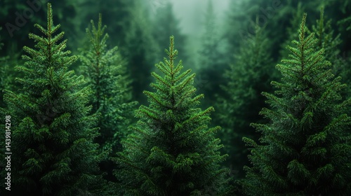 Wallpaper Mural An enchanting forest scene featuring vibrant green trees standing tall amid soft morning mist, evoking feelings of peace and a connection to nature’s tranquility. Torontodigital.ca