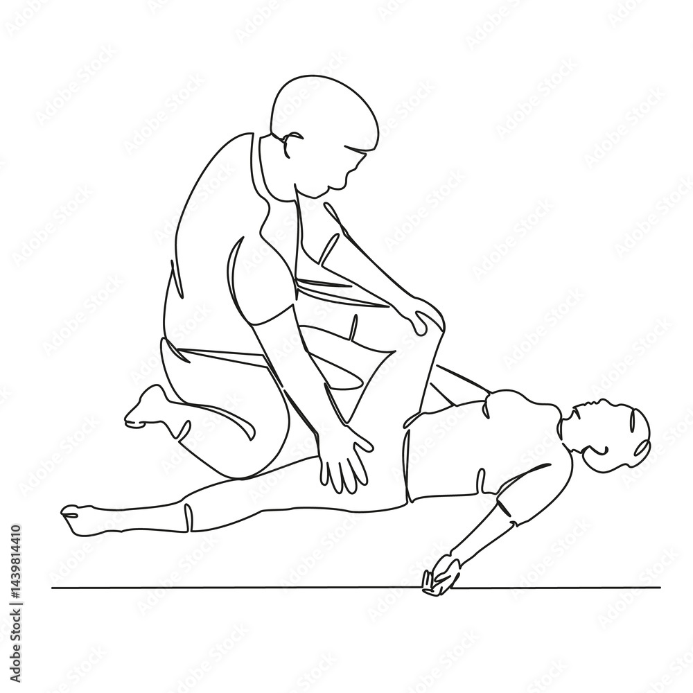 One continuous single drawing line art flat doodle pain, patient, physical therapy, doctor, chiropractor, stretching, leg. Isolated image hand draw contour on a white background, hand drawn, not AI One continuous single drawing line art flat doodle pain, patient, physical therapy, doctor, chiropractor, stretching, leg. Isolated image hand draw contour on a white background, hand drawn, not AI
