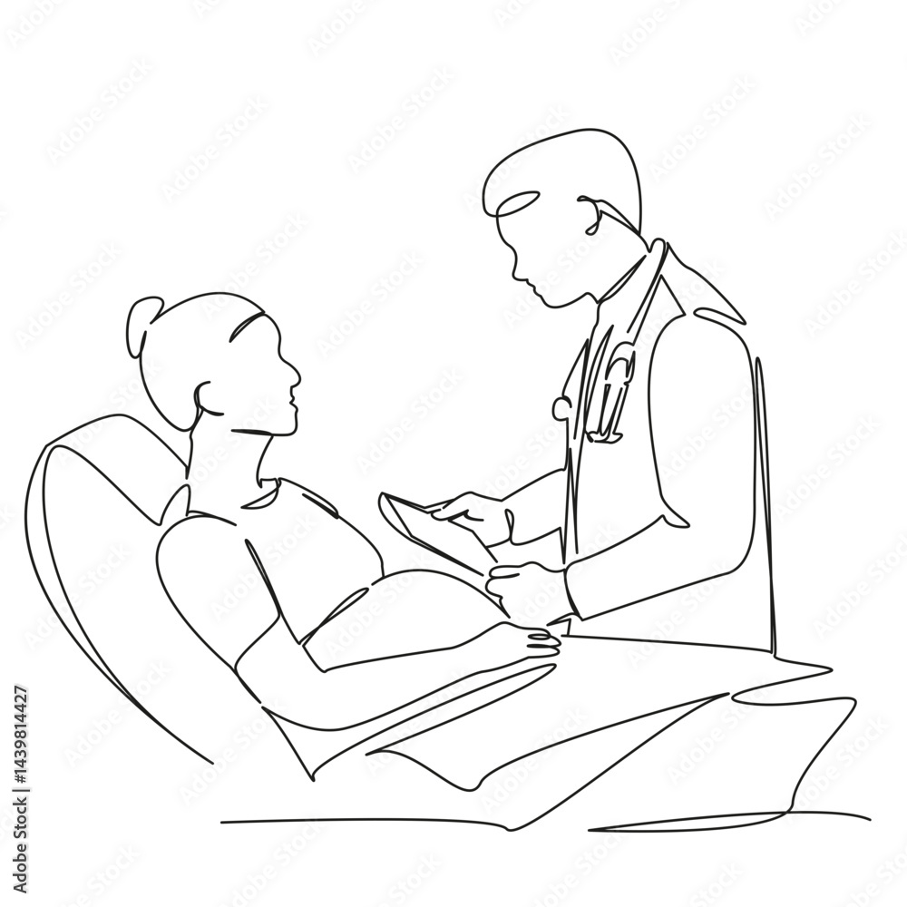 One continuous single drawing line art flat doodle doctor, hospital, pregnant, woman, obstetrician, advice. Isolated image hand draw contour on a white background, hand drawn, not AI