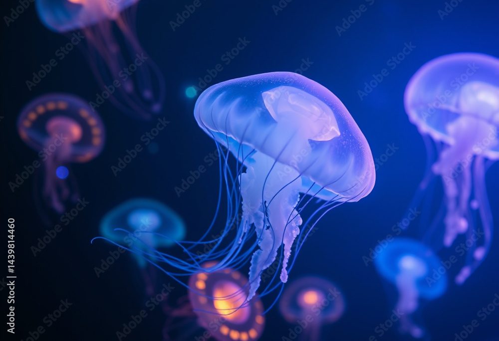 Naklejka premium Luminous jellyfish drifting in dark blue waters.