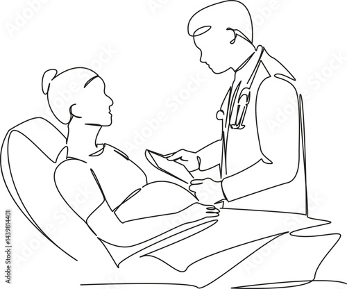 One continuous single drawing line art flat doodle doctor, hospital, pregnant, woman, obstetrician, advice. Isolated image hand draw contour on a white background, hand drawn, not AI