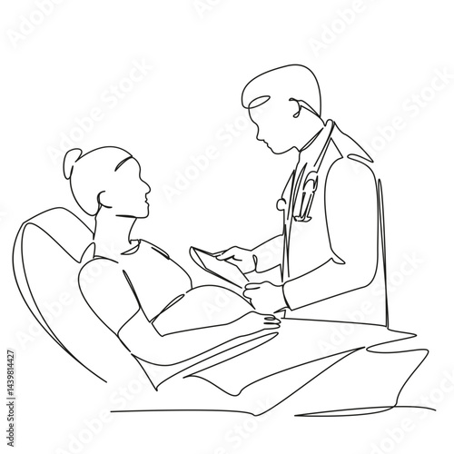 One continuous single drawing line art flat doodle doctor, hospital, pregnant, woman, obstetrician, advice. Isolated image hand draw contour on a white background, hand drawn, not AI