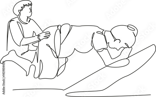 One continuous single drawing line art flat doodle woman, midwife, childbirth, hospital, pregnant, labor. Isolated image hand draw contour on a white background, hand drawn, not AI