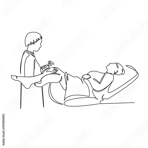 One continuous single drawing line art flat doodle medicine, consultation, woman, doctor, gynecology, examination. Isolated image hand draw contour on a white background, hand drawn, not AI