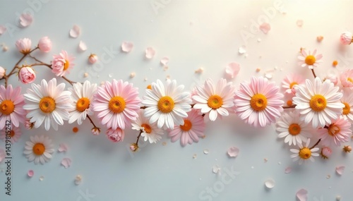 Delicate, stylized daisy chain repeating across soft backdrop , repeating, daisy pattern
