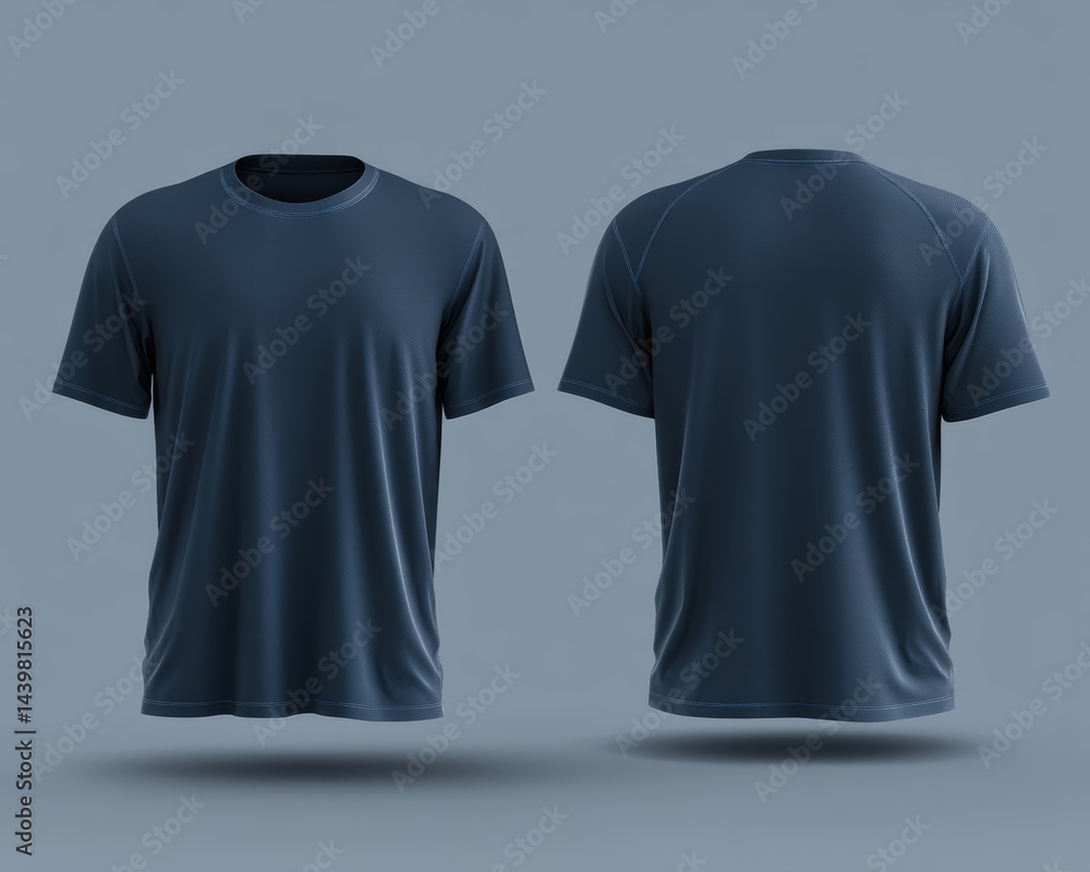 Naklejka premium Sports. Active recreation. Blank dark blue t-shirt mockup front, back view. Sportswear design template for outdoor sports safety. Active wear