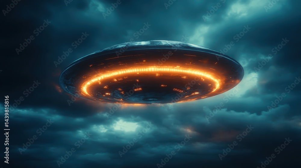 A striking UFO emits a radiant glow against a backdrop of dark, swirling clouds, evoking emotions of intrigue and the mystery of the universe in its expansive setting. A striking UFO emits a radiant glow against a backdrop of dark, swirling clouds, evoking emotions of intrigue and the mystery of the universe in its expansive setting.
