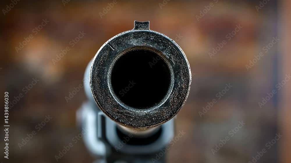 Gun barrel close-up against a rustic wall Gun barrel close-up against a rustic wall