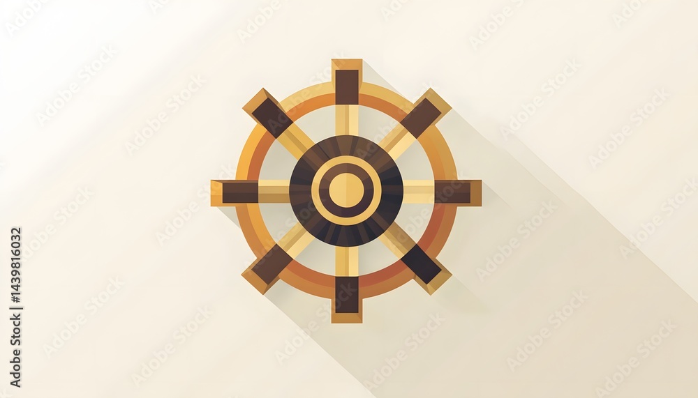 A wooden ship steering wheel displayed against a pale background