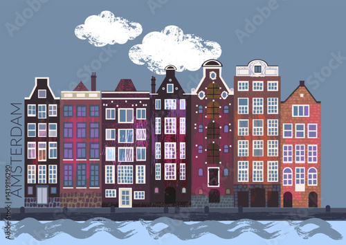 Amsterdam ancient city style architecture. Colorful canal houses. Holland travel background. Street building facades row. Romantic vacation card.