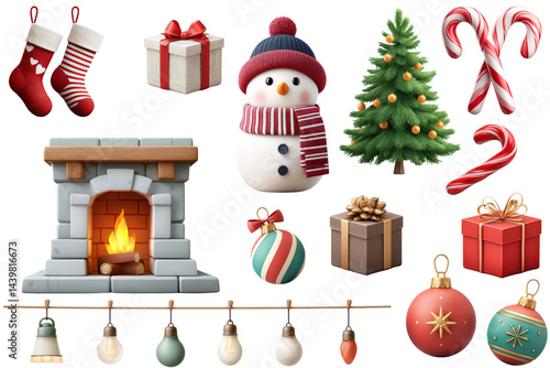 Festive Christmas Decorations Set with stockings gift box snowman Christmas tree candy canes bauble ornaments fireplace holiday lights