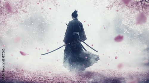 Tranquil Samurai in Cherry Blossom Landscape with Floating Petals