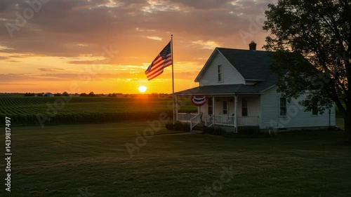 A rural farmhouse with an American flag during a peaceful sunset, symbolizing patriotism and countryside life.