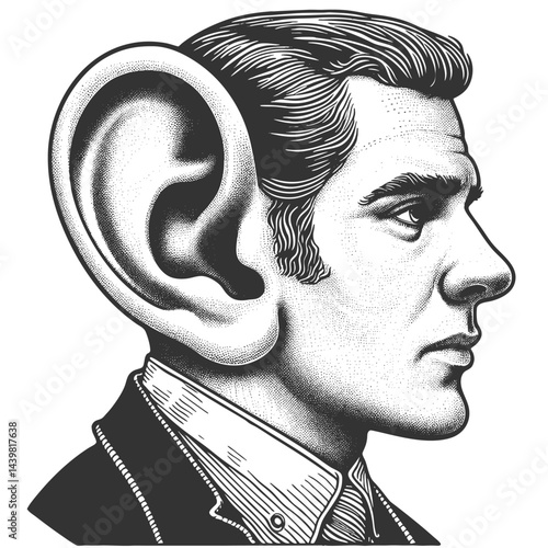man with an exaggeratedly large ear, blending vintage portraiture with surreal and humorous artistic distortion sketch engraving generative ai vector illustration. Scratch board. Black and white image