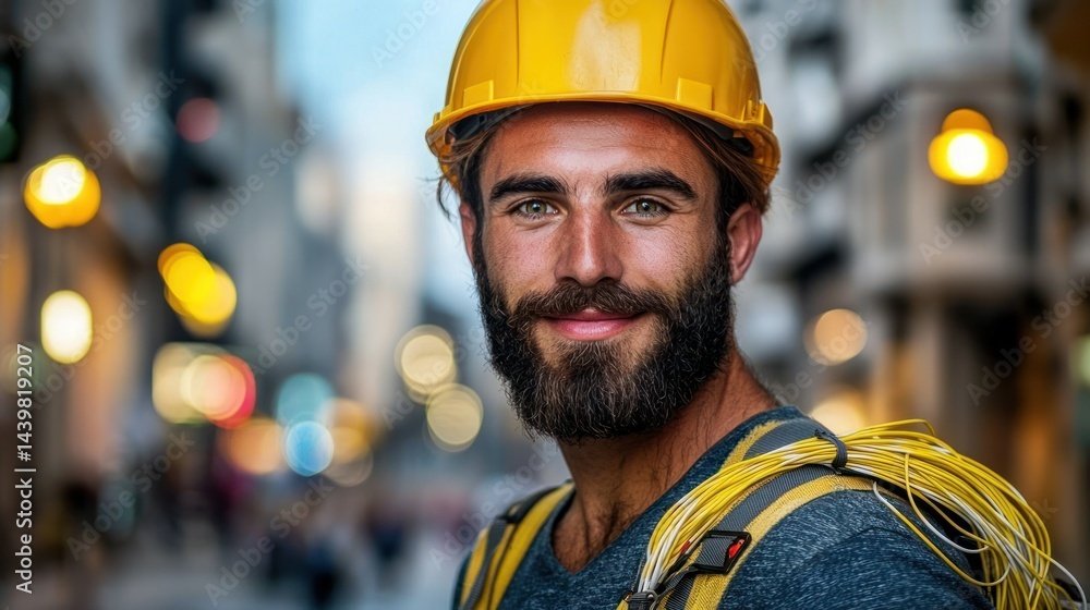 Bearded worker in hardhat, wearing cable, smiles Bearded worker in hardhat, wearing cable, smiles