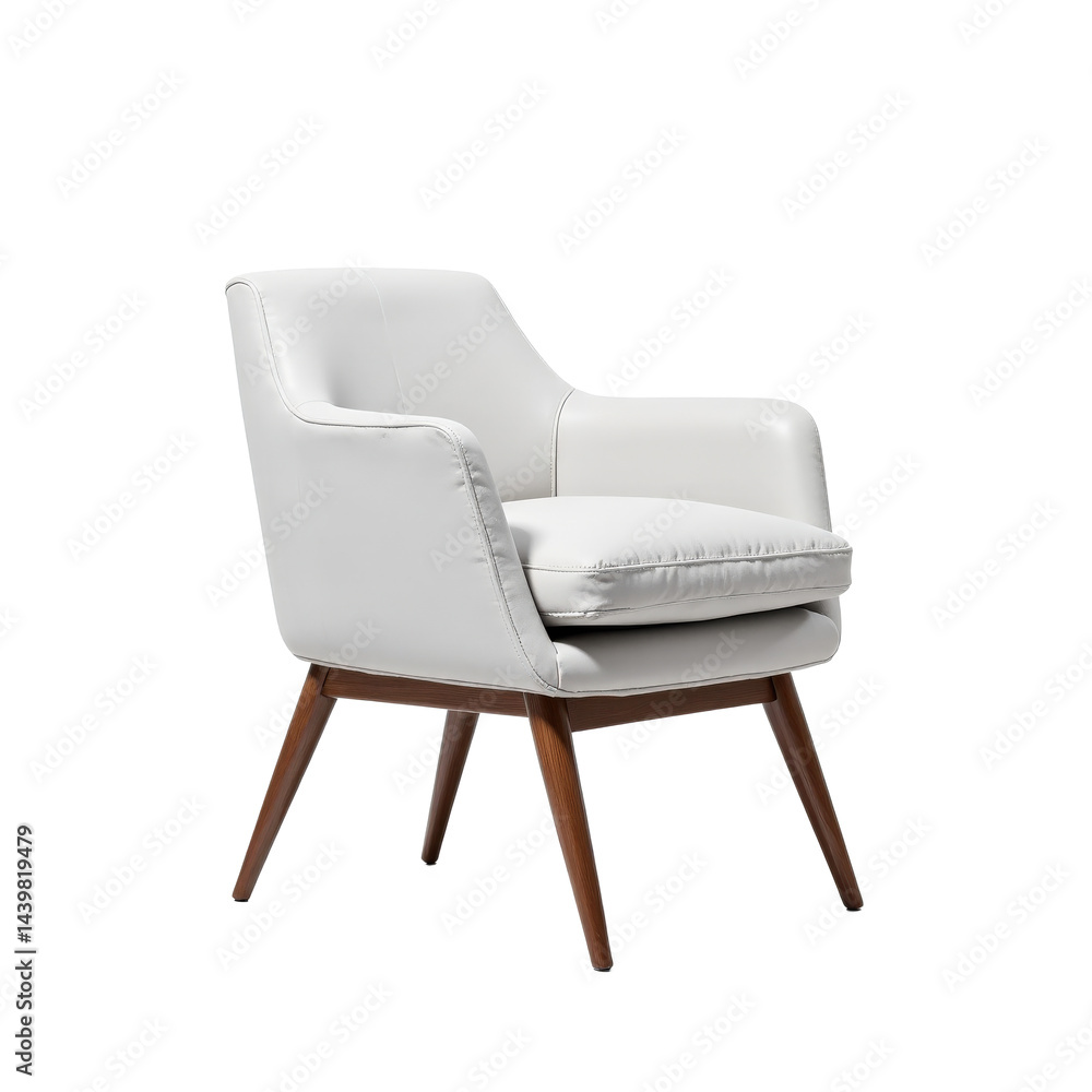 A stylish white leather armchair with wooden legs, perfect for modern interiors. A stylish white leather armchair with wooden legs, perfect for modern interiors.