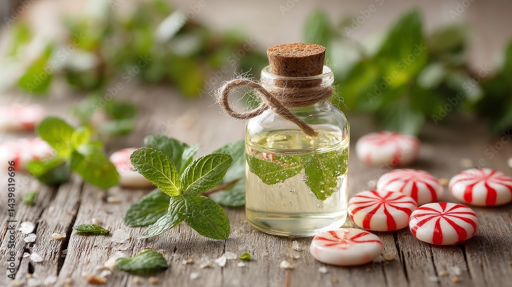 Fresh Peppermint Essential Oil with Mint Leaves and Candies on Wooden Table, Natural Remedy Fresh Peppermint Essential Oil with Mint Leaves and Candies on Wooden Table, Natural Remedy