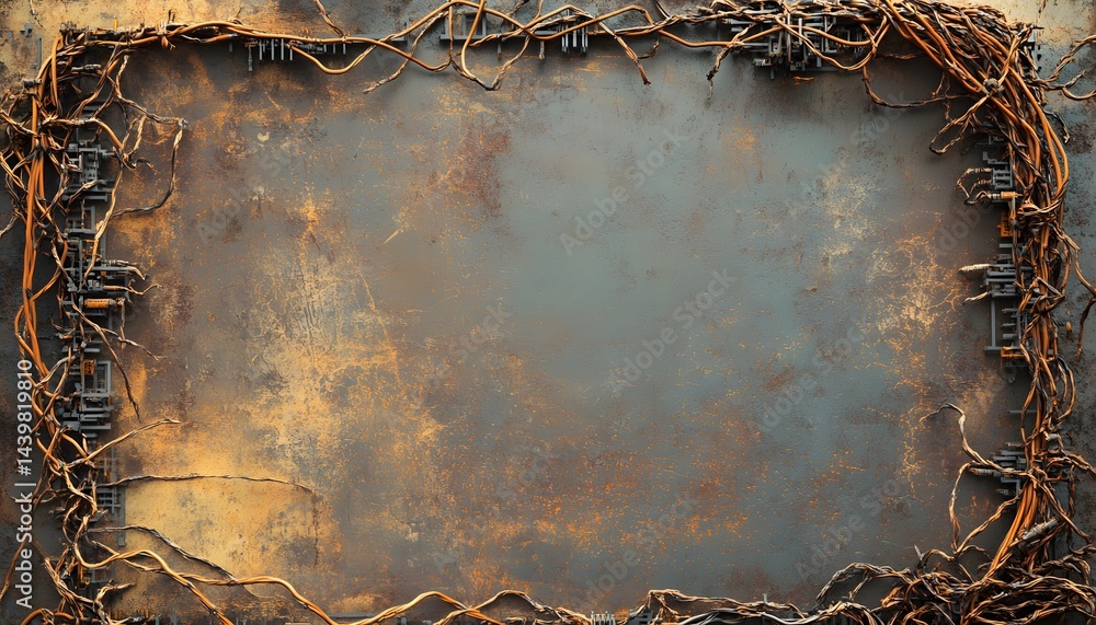 An abstract frame created with wires and a rusty metal panel