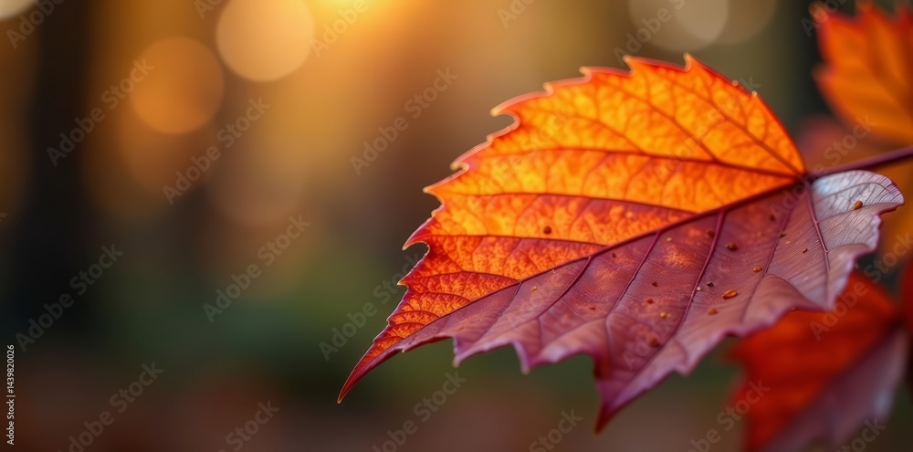 Macro shot of textured orange and red autumn leaf with soft focus background, botany, autumn colors, foliage Macro shot of textured orange and red autumn leaf with soft focus background, botany, autumn colors, foliage